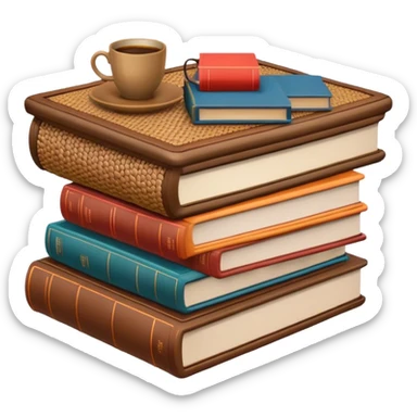 Rattan coffee table with a stack of books on top of it  sticker