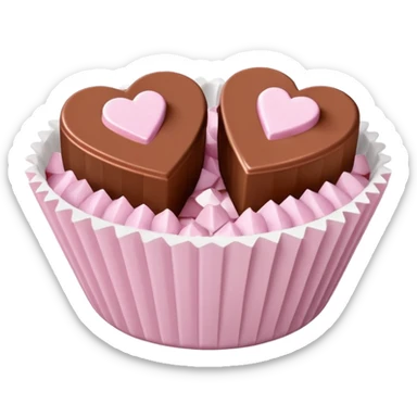 Two square milk chocolate pralines , sharp-edged glossy cubes placed diagonally side by side, each sitting in a small white fluted paper candy cup.
Flat thin pastel pink heart icing centered on top with fine sugar crystal sparkle, clean studio product lighting,  sticker
