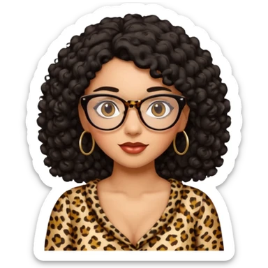 A women who wears glasses with a black curly hair, in a leopard print dress sweetheart neckline  sticker