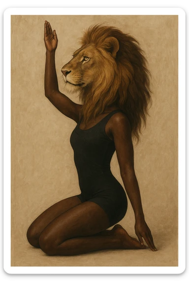 A creative combination of a lion's head and a Black woman in a yoga pose, blending the features so the lion's head and the woman's body are seamlessly integrated. The woman has dark skin and is in a classic yoga pose, with the lion's head replacing her own, in a harmonious and empowering style. sticker