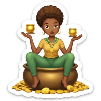 black woman sitting on a pot of gold coins sticker