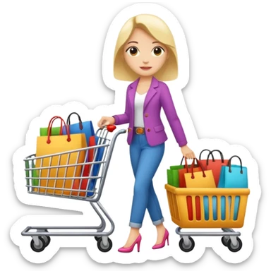 Carrinho de mercado cheio de compras femininas, com diversas maquiagens, roupas  sticker