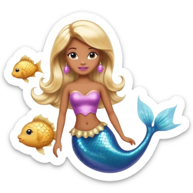 Brown skin blonde hair barbie mermaid with glitter tail  with pufferfish sticker