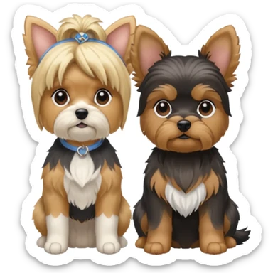 Generate a blue and tan purebred yorkie with a blonde shi tzu yorkie mix with floppy ears sitting next to each other. Make them the same size sticker