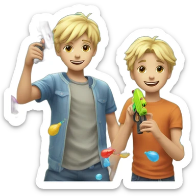 a 11 years old blonde boy and a 5 old years boy playinh wiyh water guns sticker