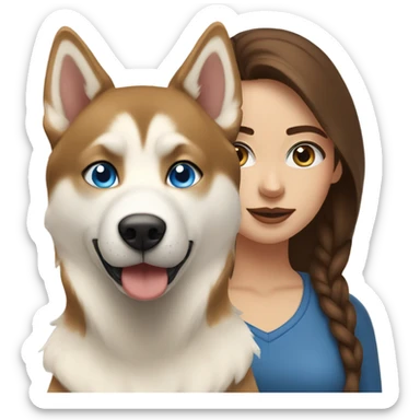 Woman brown hair blue eyes with Husky beige golden sticker