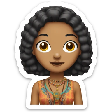 Tanned woman with black hair dressed in 1970s hippie attire, hair, makeup, and attire sticker