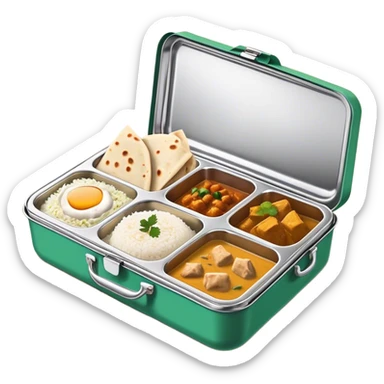 traditional Indian lunchbox (tiffin) with three compartments total, each filled with Indian food—one with rice, one with curry, and one with paratha . The lunchbox should be open, showing the food inside, with steam rising to indicate it’s fresh and hot. sticker