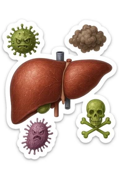 fegato umano anatomico con tossine che gli fluttuano intorno sticker
