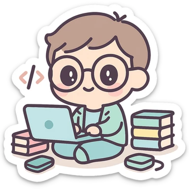 23-year-old programmer-entrepreneur, chibi character with oversized glasses, coding on laptop, stacks of books and gadgets nearby, kawaii style sticker