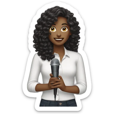 curly dark long hair white woman with podcast microphone sticker