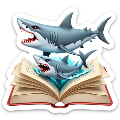 Icon for Horror & Mystery Reading: an open book with eerie glowing symbols, from which rise Dracula with fangs, flying bats, a zombie hand, and a lurking shark with sharp teeth. Surrounding elements. Transparent background. sticker