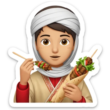 young Lebanese person in traditional arabic outfit eating kebab sticker