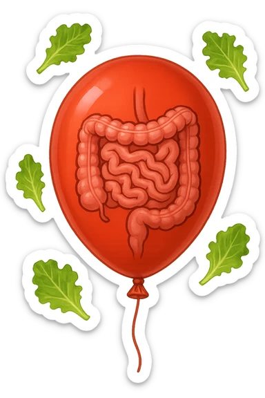 intestino chiuso in un palloncino rosso e foglie di insalata che fluttuano intorno sticker