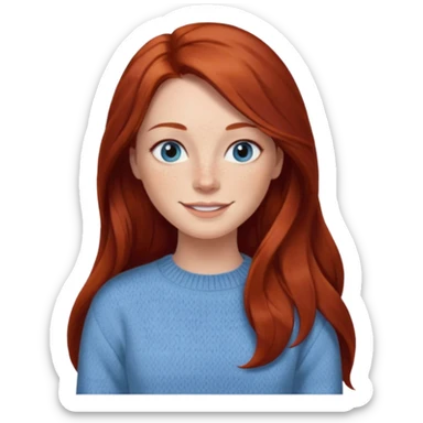 woman with long dark auburn red hair that is mostly straight but has slight waves to it. grey blue eyes. some freckles. wearing a Swedish style sweater that is neutral. smiling.  sticker