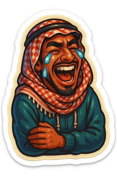 Ara, a young Arab man with medium brown skin, black hair, in casual Middle Eastern streetwear with keffiyeh scarf or hoodie, laughing hysterically with tears streaming down, wild exaggerated facial expression, cartoonish, vibrant, bold, very expressive, emoji-style sticker sticker