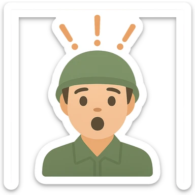 Convert this startled military icon to a color version maintaining clarity and minimalism. Use realistic skin tones, a green helmet, and simple color fills with a transparent background. sticker