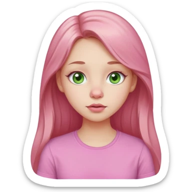 Pale girl, pink nose, cheeks, nose, chin, long light brown hair, Pink full lips, doe eyes, light green eyes wearing cute pink shirt sticker