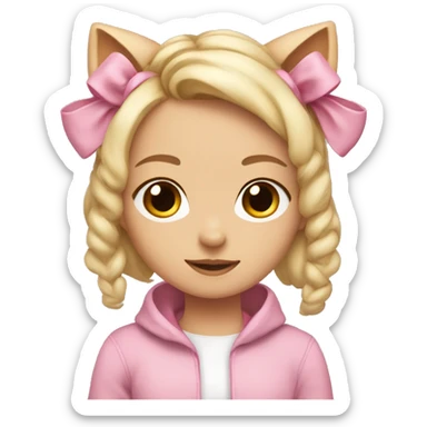 Little white girl, with two ponytail blonde hair with cat ears and soft pink clothes and ribbon sticker