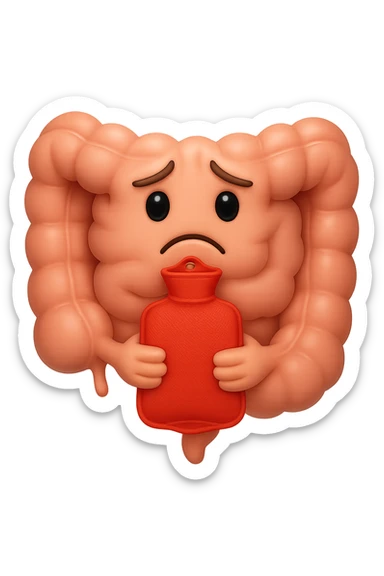 emoji stile iphone di un intestino che si tiene la borsa dell'acqua calda al centro, espressione di tristezza in volto, iperrealistico 4k sticker