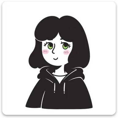 A cute girl with white skin, dark wavy hair just below her shoulders, green eyes, fair skin, a soft pink blush, and burning stars in her eyes. She has a thin neck and is wearing a black hoodie. The girl has long bangs styled on both sides of her face. sticker