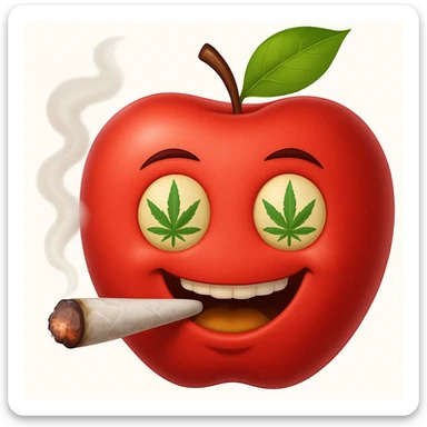 Add a cartoon joint with smoke to the smiley face made of apples as eyes and a banana as the mouth. Make it look like the face is smoking weed, keep the emoji style. sticker