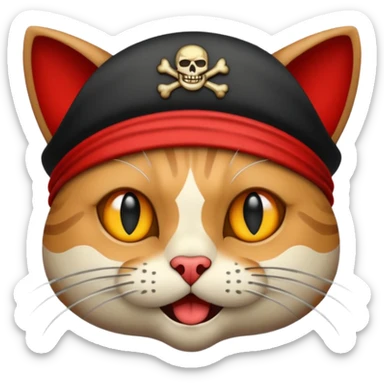 Vintage 1930s cartoon style emoji, cat, pirate aesthetic, thick black outlines, rubber hose animation style, monochrome with red accents, grainy paper texture, white background --v 6.0 sticker