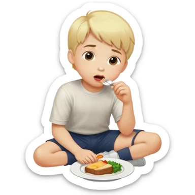 Blonde boy short hair kneeling looking up licking lips because he is about to eat a nice dinner sticker