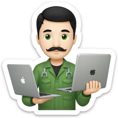 mechanic emoji with white skin, black hair, mustache, wearing green uniform, holding a laptop instead of a wrench sticker