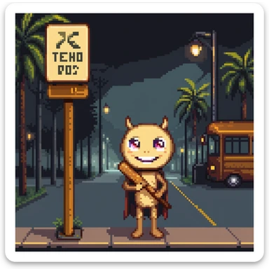 humanoid wooden club with big cartoon eyes and wide smile, barefoot, standing at a dark street bus stop under dim streetlight, holding a bat, background sign 'Pentung Pos Ronda' sticker