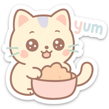 Chinese kitten eating, adorable and expressive, cartoon style, with 'yum' text sticker