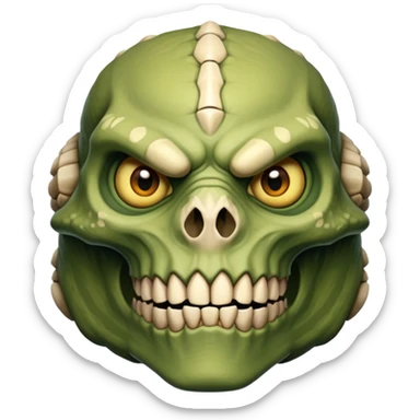 The face of a monstrous, reptilian human fighter with lime eyes, protruding segments of skull and light-brown skin sticker
