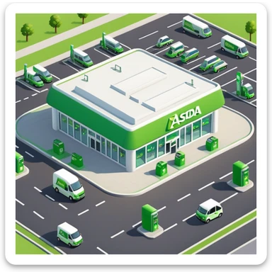 Isometric ASDA store with green logo, petrol station, large parking area, and delivery vans sticker