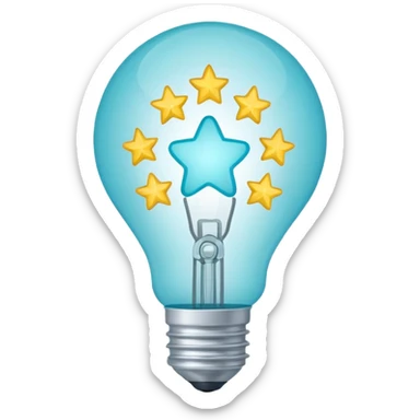 Light bulb icon with three small stars inside the bulb, flat emoji style, outline with blue and turquoise colors, white background sticker