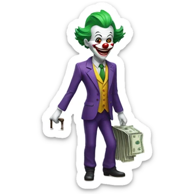 Skinny Clown looking like the Joker in a business suit with a suitcase of money in his hand in full growth sticker