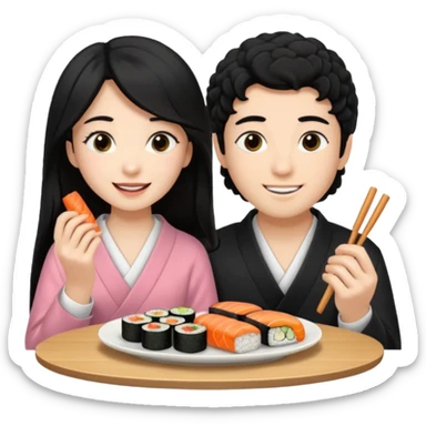 czarnowłosa ksieżniczka w dlugich wlosach je sushi z chłopakiem o czarno brązowych kręconych włosach i są zadowoleni i są nastolatkami i te włosy są lekko krecone i chłopak ma włosy do wysokosi nad brwiami sticker