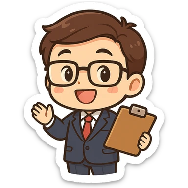 mini manager character, holding clipboard, glasses, chibi proportions, cheerful, simple background, manga-inspired style sticker
