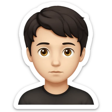 This avatar of boy has tightly curled dark hair styled upward, a rounded face with golden-brown eyes, and a neutral expression sticker