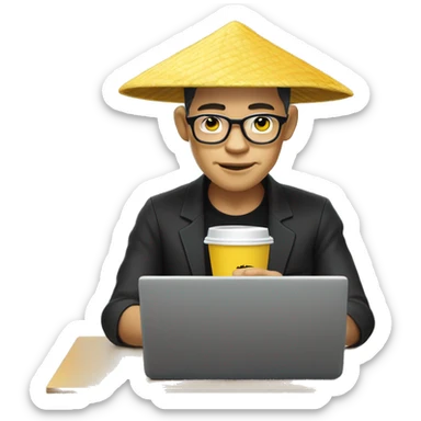 A memoji-style Vietnam man with yellow skin, wear nearsighted glasses, a traditional Vietnamese conical hat , black shirt, sitting at a desk with a cup of coffee, typing on keyboard, laptop with a logo styled as '</>' in front front sticker