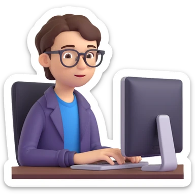 3D emoji style portrait of a calm student taking an online test, wearing glasses, looking at a computer screen sticker