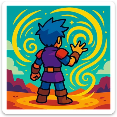 avatar in an MMO game, back view, yellow magical swirls, stylized illustration sticker