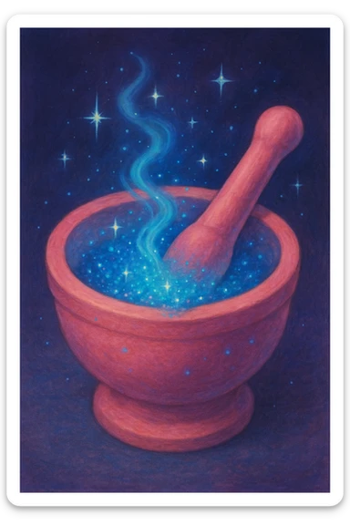 a pink mortar and pestle, blue fairy dust being ground, magical, no text sticker