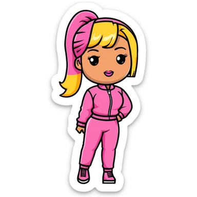 Nicki Minaj wearing a pink outfit with blonde and pink hair sticker