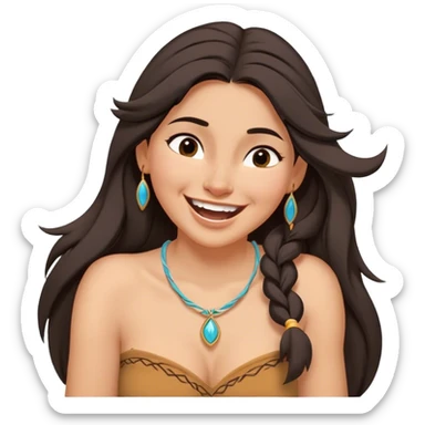 Cinematic Adorable Pocahontas Portrait Emoji, Laughing softly as Meeko tugs at her necklace, hair tousled in the wind, eyes full of warmth, a carefree spirit shining through, capturing the essence of beauty and playfulness! sticker