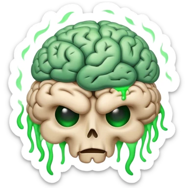 rotting, shriveling brain emoji with green smoke coming up and flies surrounding it sticker