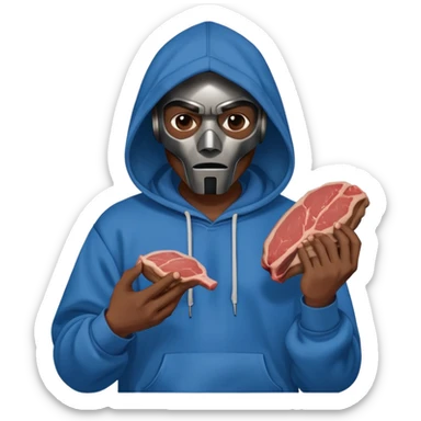 MF DOOM in a blue hoodie holding a piece of meat sticker