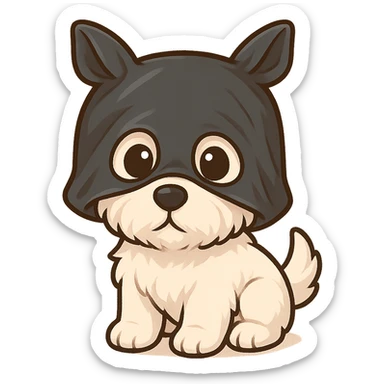 A West Highland Terrier puppy with a black plastic bag on its head, its eyes sticking out from the bag, looking at the audience sticker