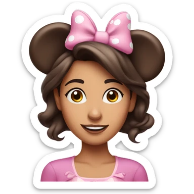 Brunette woman with brown eyes wearing pink minnie mouse ears sticker
