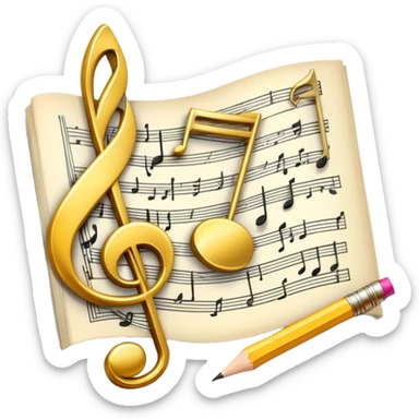 Create a bright and artistic emoji that represents music composition. The design should feature musical notes, a pencil or quill, and a sheet of music, symbolizing the creative process of composing a song. Add a touch of elegance with flowing lines to represent melody and rhythm. Use gold or silver tones for sophistication, and incorporate a mix of vibrant colors to convey creativity. The background should be transparent. sticker