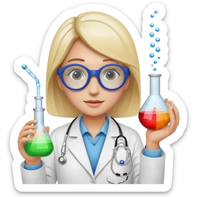 A person wearing safety goggles, a stethoscope, and a white coat. In one hand they hold a test tube containing chemicals  sticker